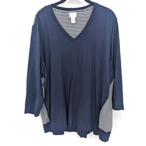 Weekends by Chicos Sweater Womens XXL Navy‎ Blue Striped V Neck Pullover Top